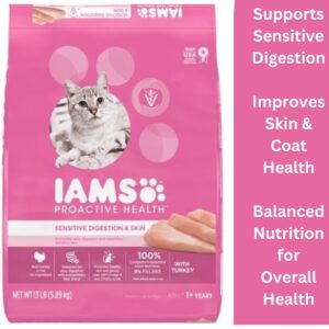 IAMS Proactive Health Adult Sensitive Digestion & Skin Dry Cat Food with Turkey, 13 lb. Bag