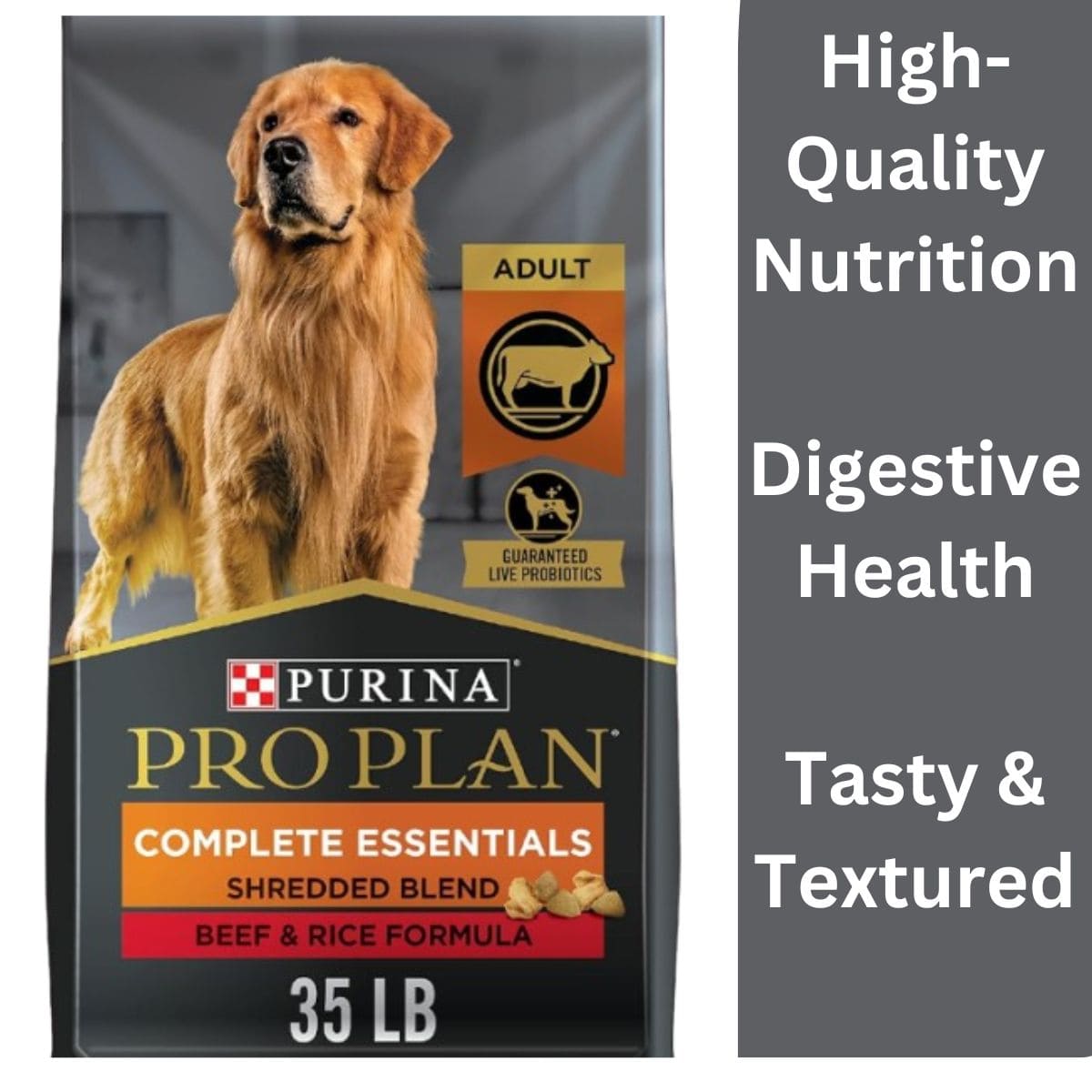 Purina Pro Plan Complete Essentials Shredded Blend Beef and Rice Dog Food Dry Formula with Probiotics for Dogs - 35 lb. Bag